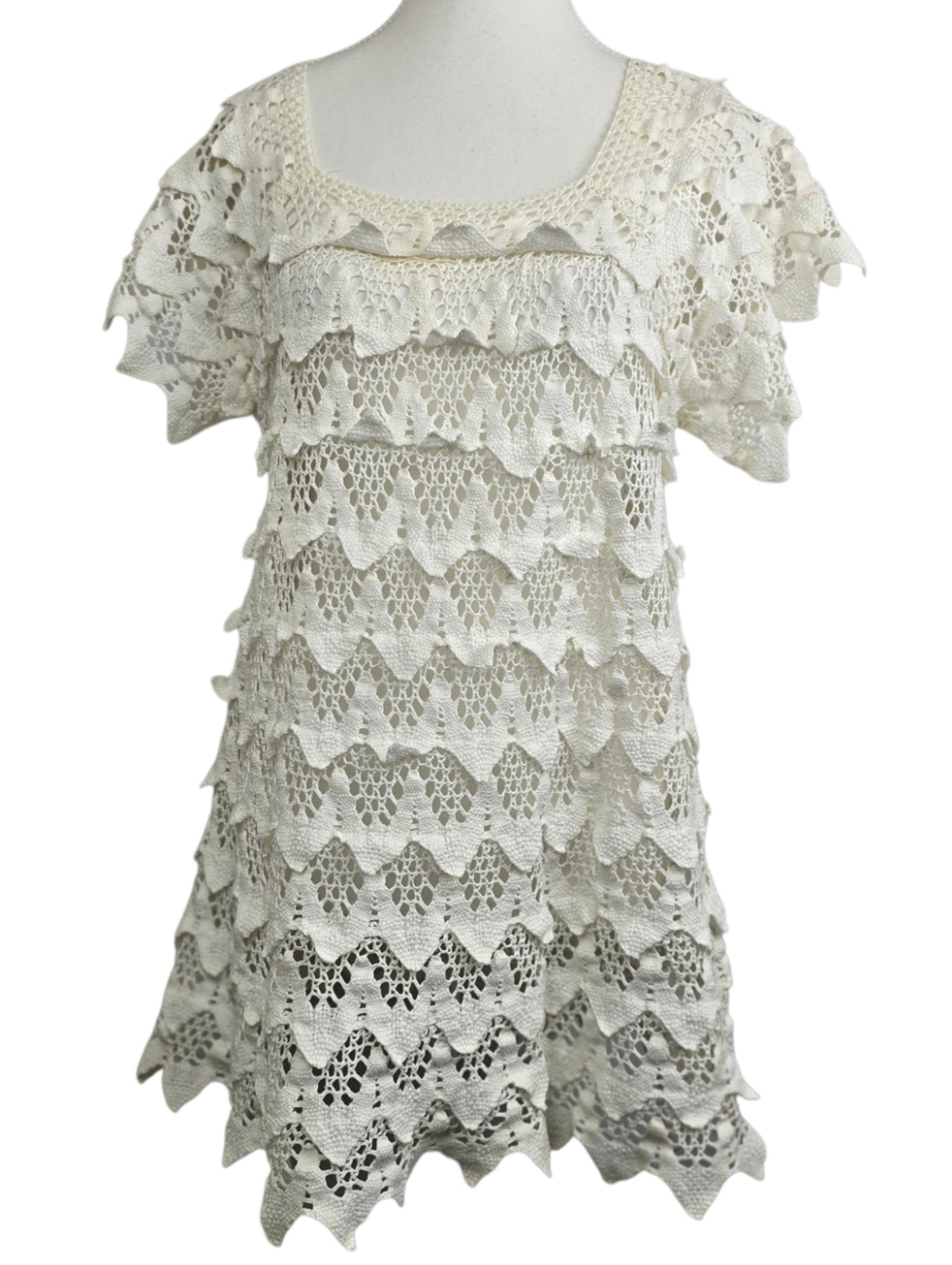 White 3D Crochet Layered Blouse Square Neck Short Sleeve Handmade Boho Cover Up